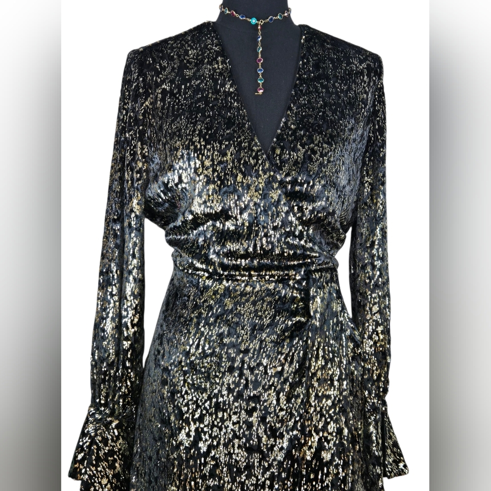 NWT $595 Simkhai Camryn Metallic Faux Wrap Mini Dress Black Gold Sz 10 Party - Picture 10 of 15